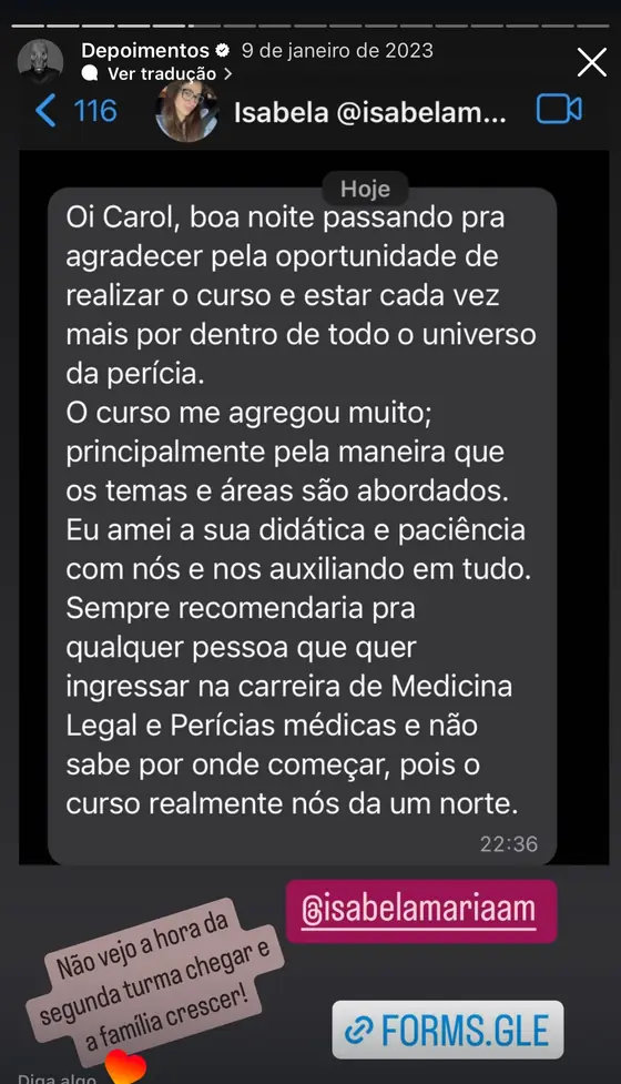 Print de depoimento de aluna do CAEPE